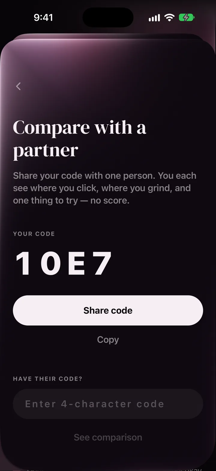 The LoveType compare screen with a share code