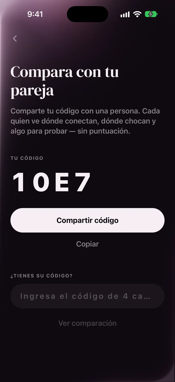 La pantalla de comparación de LoveType con un código