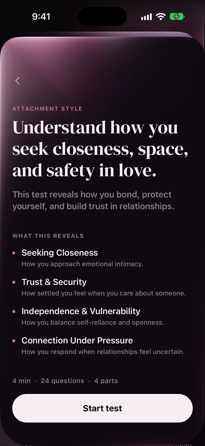 The Attachment Style test intro in LoveType