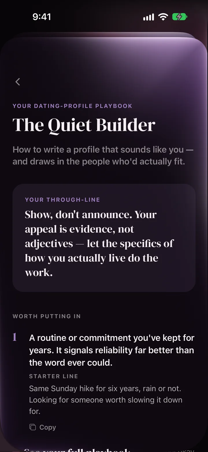 The LoveType dating-profile playbook for The Quiet Builder