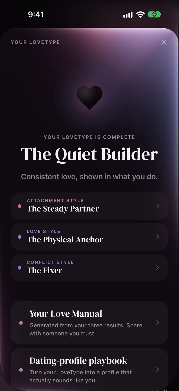 The LoveType profile screen for The Quiet Builder