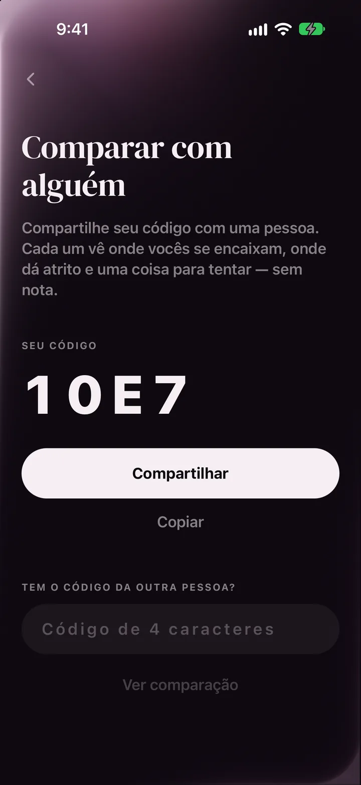 A tela de comparação do LoveType com um código