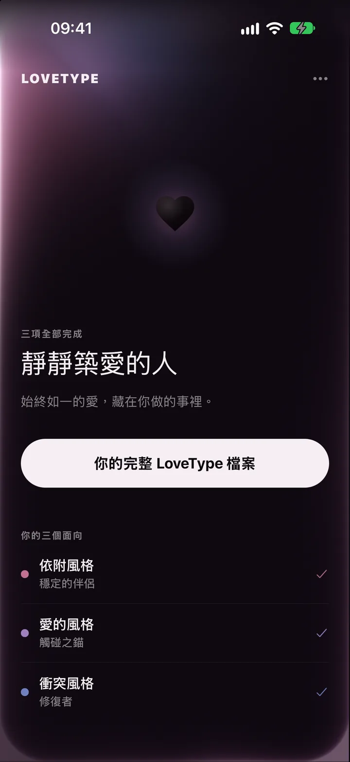 LoveType 的測驗結果畫面